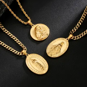 Joyería de cadena para hombre León MICHAEL Ángel ST CHRISTOPHER Virgen María Jesús Cruz colgante de oro Moneda de acero inoxidable collar religioso