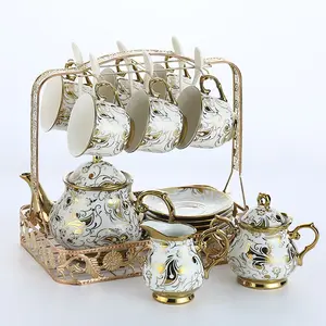 Golden Ceramic Tea Set Porcelain Gold Coffee Cups Teapot Milk Pot Sugar Jars With Holder Tea Cup Saucer Set