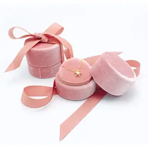 도매 핑크 보석 포장 라운드 상자 벨벳 반지 상자 보석 목걸이 선물 상자 리본