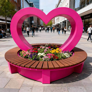 Bangku Penanam Tanaman Bentuk Hati Warna Pink H726 Anti Karat dari Baja dan Kayu, Furnitur Komersial untuk Pusat Perbelanjaan, Tempat Pernikahan, dan Taman - Product Image 1