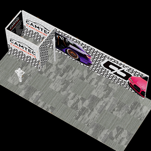 Stand d'exposition portable thème course automobile 9x3m avec mur arrière étendu, graphique de voiture de sport, piliers lumineux dimensionnels modulaires - Product Image 5