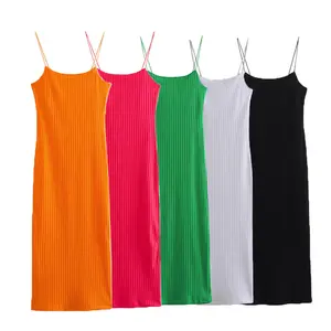5 Colorway Effen Kleur Spaghettis Trap Gebreide Mouwloze Casual Mode Dames Midi Slip Dress