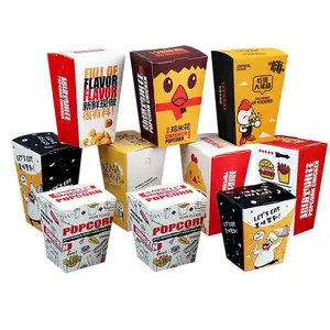 Kunden spezifisch bedruckte Popcorn box Wellpappe schwarzer Karton Papier Döner gebratenes Huhn Pommes Frites Verpackungs schachtel