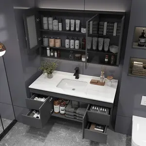 Mueble de baño de madera maciza de gama alta minimalista, mueble de baño de lavado a mano de madera contrachapada personalizado con espejo LED