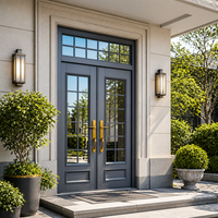 Porte d'entrée double en acier gris foncé moderne avec transom en verre pour villa