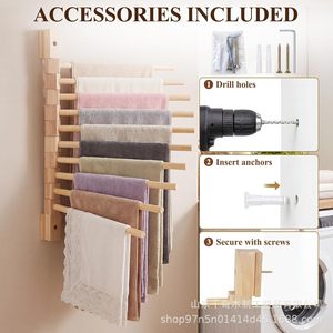 Wall Mounted Wooden Trouser Rack 8 Tier Foldable <b>Hanging</b> Clothing Organizer For <b>Wardrobe</b> Bathroom Laundry Room - Product Image 3