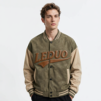 Blouson universitaire personnalisé pour homme en daim vert olive, style color block, à boutons-pression, à rayures côtelées, vintage, type baseball, vente en gros