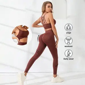 Wholesale 2PCS Seamless Gym Wear Push Up Back Strappy Yoga Bra And Butt Lift Active Leggings Set Women's Tracksuits
