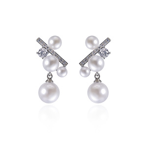 Dinle Pearl <b>Stud</b> Earrings S925 <b>Silver</b> Zircon Flower Design Everyday Wear - Product Image 2