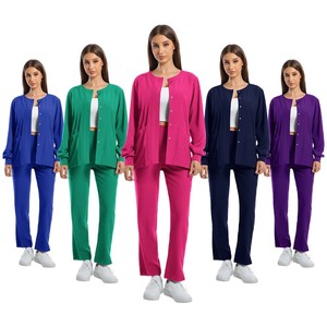 HZMNOI Women's <b>Scrub</b> Suit Two Piece Set Long Sleeve Round Neck Knitted Moisture Wicking Hospital Uniforms - Product Image 5