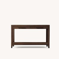 Console élégante et moderne en shagreen gris durable avec deux tiroirs, poignées de barre dorées brossées, pieds coniques à finition dorée, étagère pour entrée