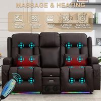 Sofá Reclinable Moderno de Dos Plazas en Cuero Sintético Marrón con Control Remoto, Luz Ambiental LED, Altavoces Bluetooth y Puertos USB para el Hogar