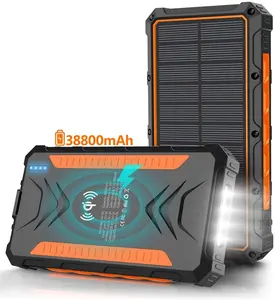 Внешний аккумулятор на солнечной батарее 36000 мАч, беспроводное портативное зарядное устройство на солнечной батарее Qi со светодиодными фонариками