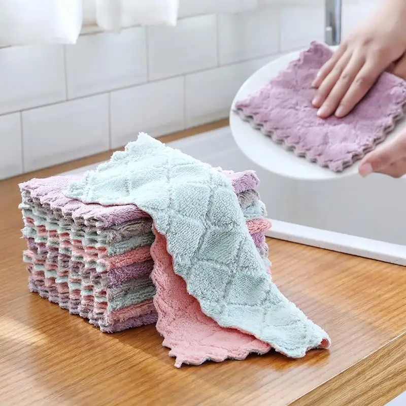 K1029 Super Absorbent Rag Kitchen Cleaning Cloth Double layer Coral Fleece Dish Towel Dish Cloth Kitchen Rag Gadgets