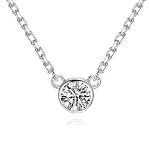 Bezel setting 18 inches long 3mm DEF color round diamond pendant necklace in 14k solid white gold as Valentine Day gift