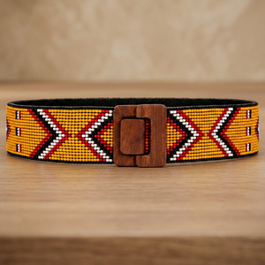 Cinturón Étnico Bohemio Trenzado con Cuentas, Patrón Geométrico, Hebilla de Madera Elástica, Ancho, Accesorio de Moda - Product Image 2
