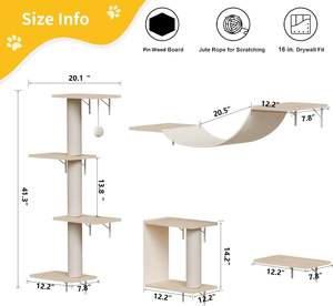 Kustom kayu karet padat kucing bertengger Modern dinding terpasang rak kucing apung dengan tikar Sisal desain unik kucing dinding Scratcher & pohon - Product Image 6