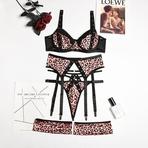 Ensemble de lingerie érotique imprimé léopard en gros, soutien-gorge et culotte sexy en maille transparente à col en V - Product Image 6