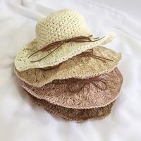 Topi Rumput Alami Anyaman Tangan Musim Panas, Pelindung Matahari Pantai, Dapat Dilipat, Hiasan Bunga, Lingkar Kepala 48-50cm, Langsung dari Pabrik