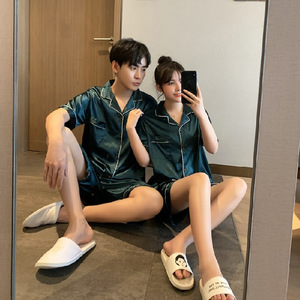 Conjuntos de Pijamas de Manga Corta para <span class=keywords><strong>Pareja</strong></span> de Satén de Seda de Hielo con Estampado Liso para Mujer y Hombre - Product Image 6