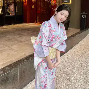 Baige Kimono kasual wanita, pakaian jubah longgar tradisional gaya Jepang, ikat pita Yukata putih