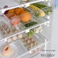 Organisateur de tiroir de réfrigérateur en plastique PET transparent avec séparateurs ajustables, design coulissant pour le rangement portable des produits frais et des œufs