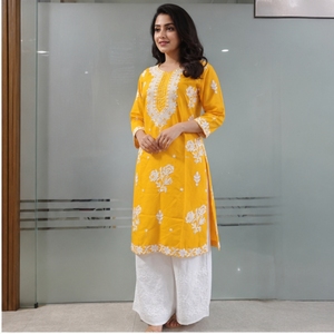 <b>Women</b> Yellow Embroidered <b>Kurta</b> Palazzo Set Cotton Ethnic Wear Traditional Designer Kurti Set for Casual Festive Wear - Product Image 1