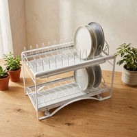 Rak Piring Stainless Steel Modern untuk Lemari Dapur, Tempat Penyimpanan dan Pengeringan Peralatan Makan, Logam 2 Tingkat/Lapis
