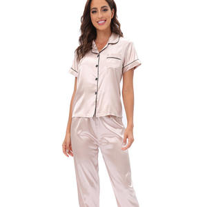 Ensemble de vêtements de nuit en satin soyeux uni, classique, doux et lisse, pour femmes, été et automne, haut à <span class=keywords><strong>manches</strong></span> <span class=keywords><strong>courtes</strong></span> et pantalon long - Product Image 3