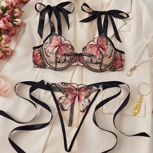 Wholesale Butterfly Embroidery Lace Lingerie Set Sheer Mesh Underwire <b>Bra</b> and Tie <b>Straps</b> Thong Panties Set Sexy Womens Intimates - Product Image 1