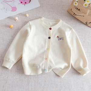 Cardigan in <span class=keywords><strong>maglia</strong></span> da <span class=keywords><strong>bambina</strong></span> in cotone, ricamato con simpatico cucciolo, girocollo, monopetto, stile coreano, Collezione Primavera/Autunno 2026 - Product Image 3