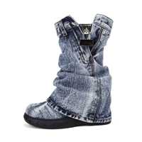 Bottes en jean vintage délavé à semelle épaisse 2026 ODM OEM, à enfiler, talon très haut, maille, style européen et américain unique pour femme