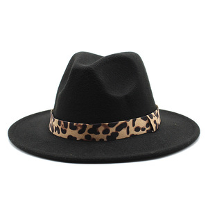 Chapeaux Fedora <span class=keywords><strong>bordeaux</strong></span> unisexe en gros femmes plat large bord 100% Fedora laine feutre chapeau hommes vert Fedora chapeau avec ruban léopard - Product Image 3