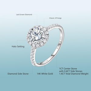 แหวนหมั้นเพชร SGARIT Halo ทองคำขาว 14k ประดับเพชรด้านข้าง 0.5 ถึง 2.5 กะรัต รับรองโดย IGI เพชรทรงกลมเจียระไนแบบบริลเลียนท์ที่เพาะเลี้ยงในห้องปฏิบัติการ - Product Image 2