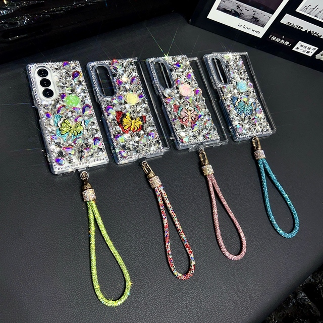 Luxury Glitter Diamond Flower Butt Erfly Phone Case for samsung Z Fold 8 7 6 for Z Flip 6 5 with Chain Mobile Phone Accessories