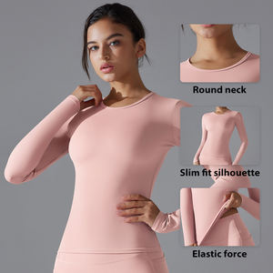 Atasan olahraga untuk wanita, atasan latihan lari kebugaran elastis Slim Fit lengan panjang warna polos, busana Yoga musim semi dan musim gugur - Product Image 3