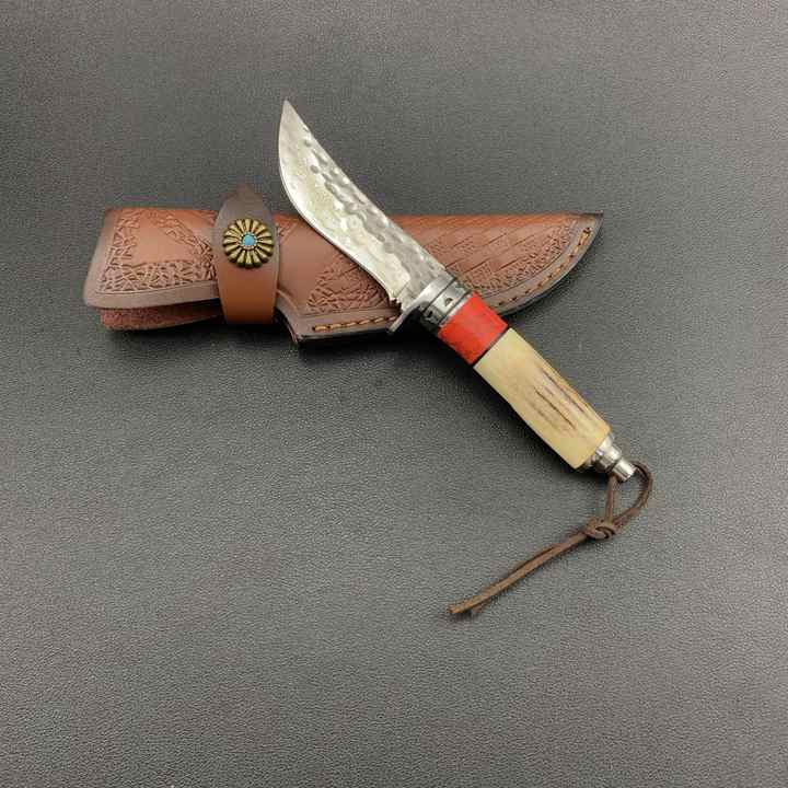 Handmade Damascus Blade Antler & Red Turquoise Pocket Knife Wooden