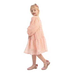 Spring Kids Girl Clothes Pink Linen Flower Dresses Long Puff Sleeve Lace Princess Dress With Lace For Girls Birthday Party