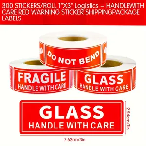 Flexography Non-Bendable Glass Warning Stickers Waterproof Red Logistics Shipping Labels For Shattered Be Careful And Lightly