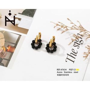 Orecchini a Doppio Cerchio alla Moda in Acciaio Inossidabile con Perline Nere e Tono Dorato per Donna - Product Image 1