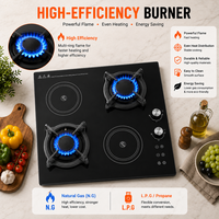 Table de cuisson hybride gaz et électrique à quatre panneaux vitrés avec deux plaques chauffantes infrarouges et deux brûleurs à gaz, combustion à haute efficacité