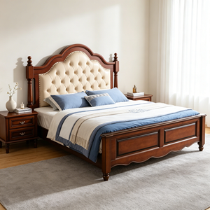 Traditional Mahogany Queen Size Upholstered Bed Frame with Faux Leather Headboard and Wood Construction - Product Image 4