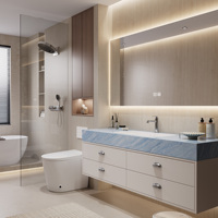 Mueble de Baño Flotante de Madera Maciza Blanca con Espejo LED Retroiluminado Personalizado y Encimera de Piedra Azul, Diseño de Grifo Cromado