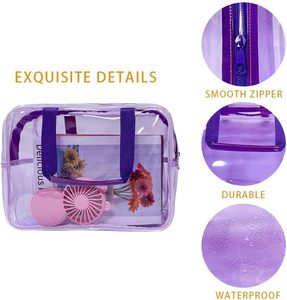 Sac de maquillage transparent imperméable en PVC pour voyage, avec fermeture éclair, poignées et sangles, violet - Product Image 3