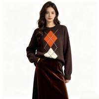 Pull en maille Argyle effet cachemire pour femme, col rond ample, personnalisable ODM, chaud et doux, idéal pour l'hiver, le quotidien et le bureau