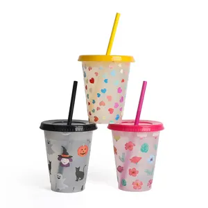 16oz clear coffee tea plastic shaped color changing heart cups with straw