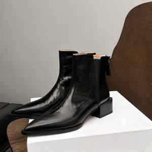 Botas Clásicas de Tobillo de Alta Calidad con Tacón Cuadrado, Parte Superior de Cuero Genuino, Botas de Ocio Femeninas de Moda Retro - Product Image 3