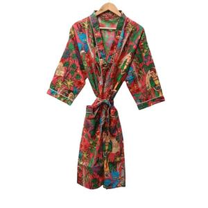Artisanal Hand Block Printed 100% Cotton Long Sleeve Knee-Length Loungewear <b>Robe</b> with Drawstring Closure - Product Image 1