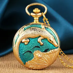 Luxus 3D Crocodile Design Halskette Kette Anhänger Uhr Steampunk Quarz Gold Taschenuhr