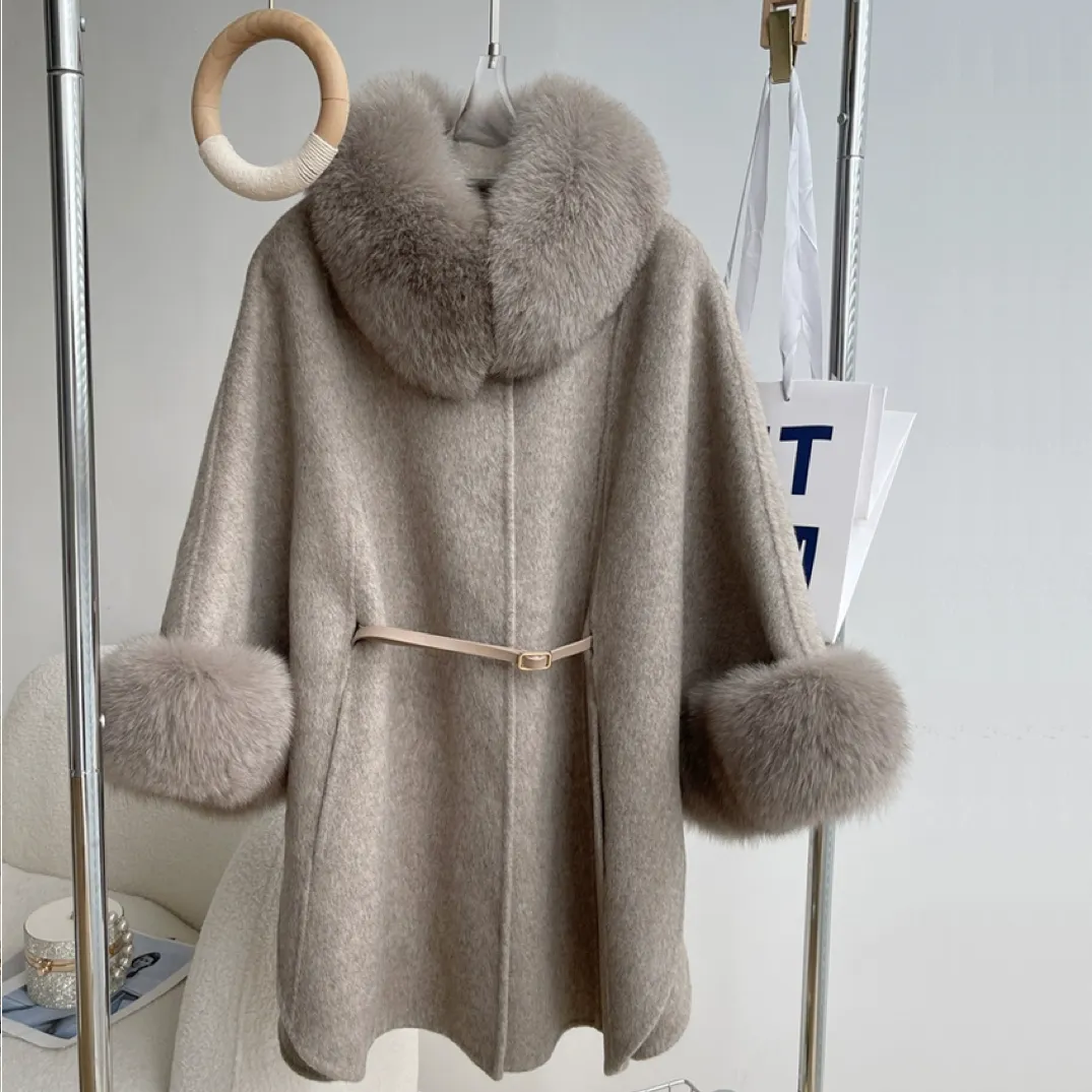 High Quality Fox Fur Collar Loose Style Plus Size Warm Wool Coat Fur Trim Cashmere Coat with Fur for Women